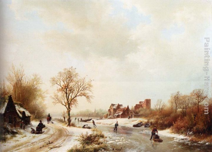 Barend Cornelis Koekkoek Winterlandschap A Winter Landscape With Skaters On A Frozen Waterway And Peasants By A Farm In The Foreground